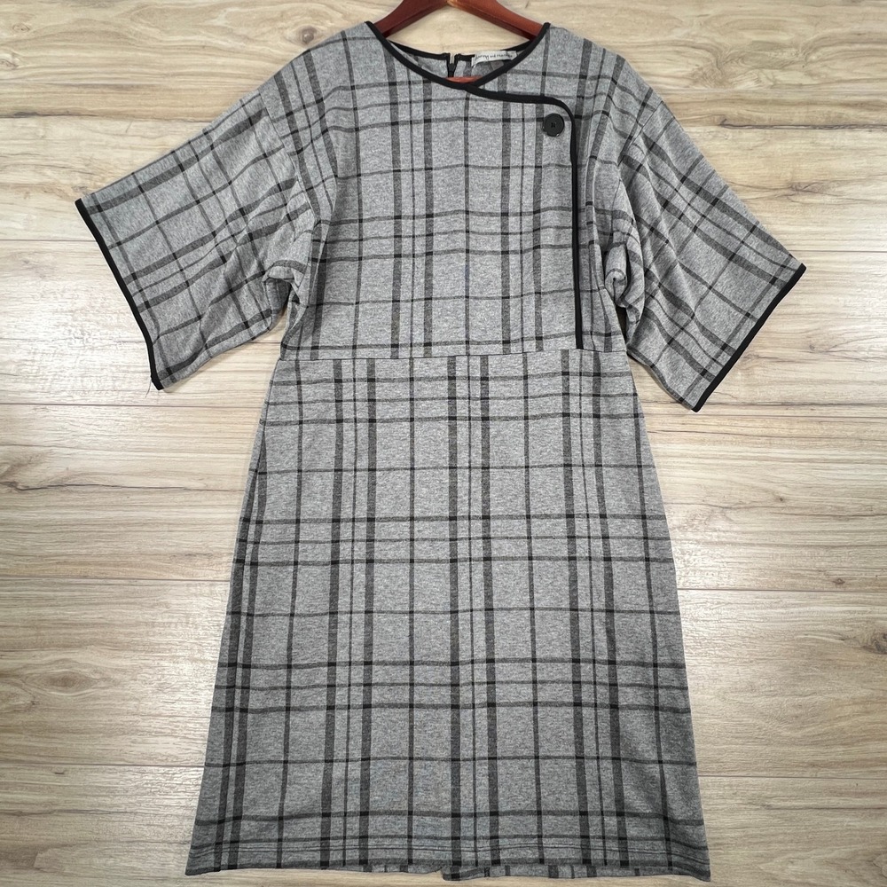 Danny and Nicole Grey Plaid Asymmetrical Neck Sheath Dress Size 14